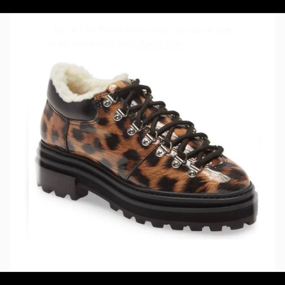 Schutz Lucille Vernizes Animal Print Faux Sherling Lined Lace Up Booties